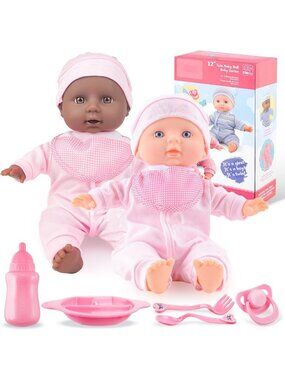 Adorable Twin Baby Dolls Set - 12" Soft Body Dolls with 2 Cute Pink Outfits